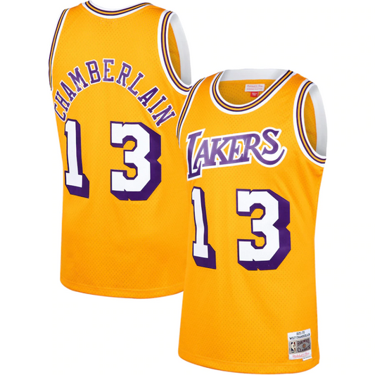 Men's Mitchell & Ness Wilt Chamberlain Los Angeles Lakers Gold 1970-71 Hardwood Classics Swingman Jersey