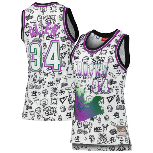 Ray Allen Milwaukee Bucks Mitchell & Ness Women's 1996 Doodle Swingman Jersey - White